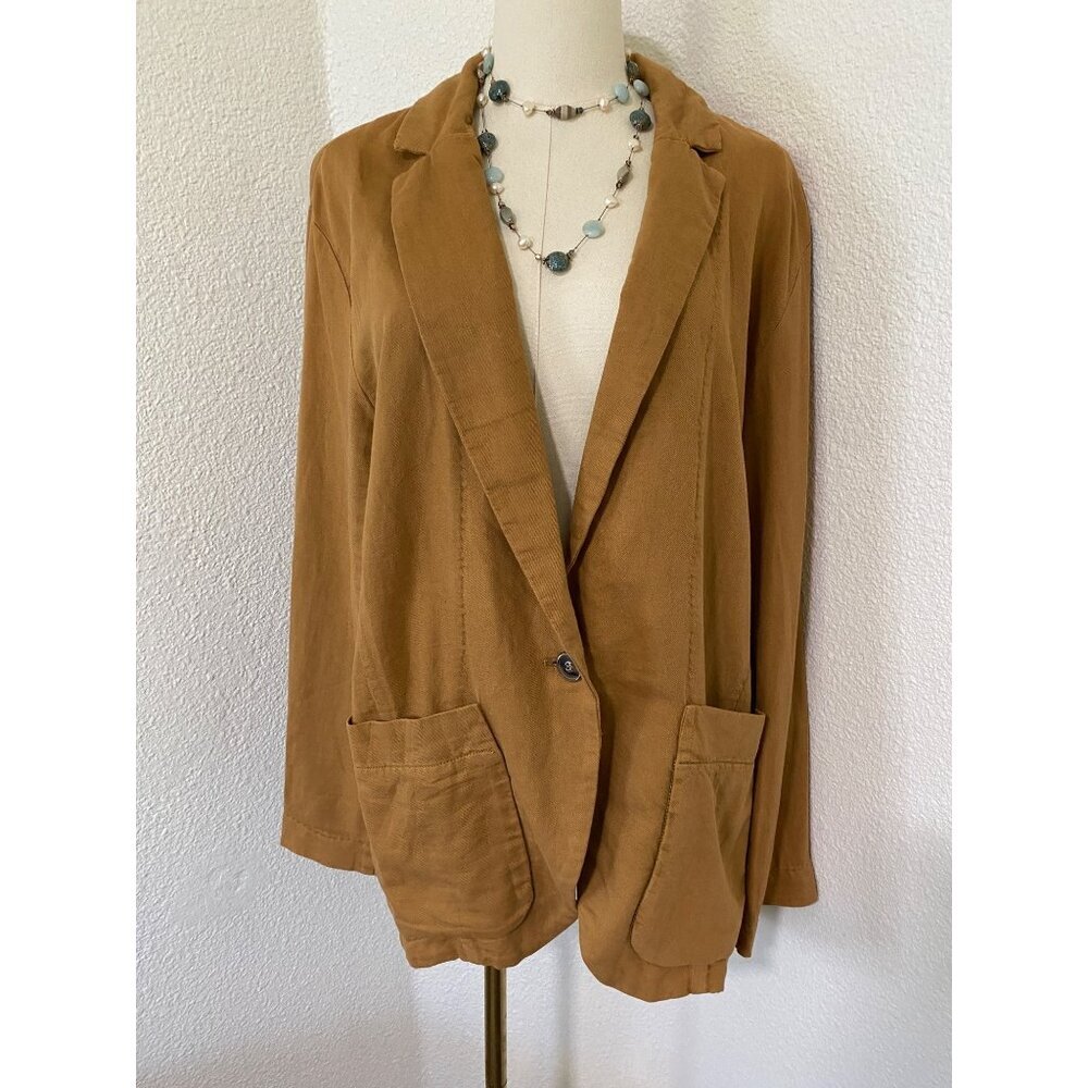 Free People Tan Brown Linen Cotton Oversized Blazer Jacket X-Small Preppy - Picture 4 of 15